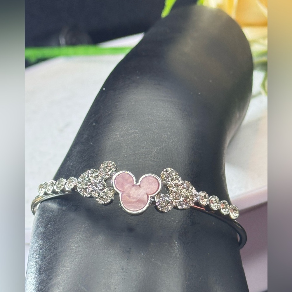 NWOT Silver Tone Sparkling Mickey Ears Cuff Bracelet Pink 2 inch